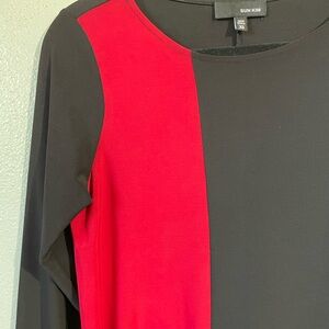 Sun Kim XS Black Red Colorblock Asym Drape Long Sleeve Tunic Top Modern Chic